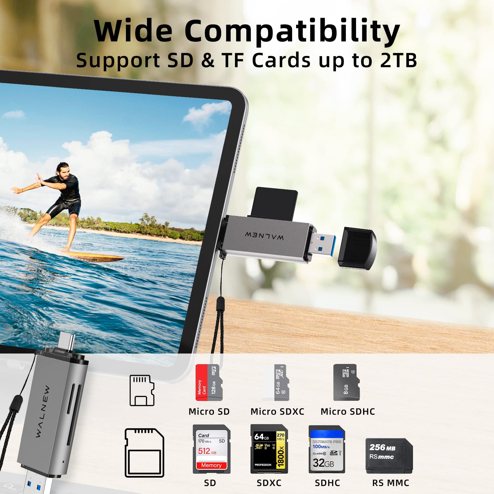 Sd Card Reader, Walnew Usb 3.0 And Usb C To Sd/Tf Memory Card Adapter For Mac,Macbook,Computer/Pc,Laptop,Ipad 10,Iphone 15 Pro/M